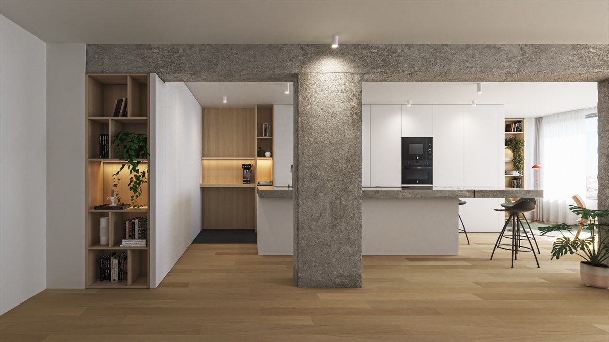 Cocina integrada con isla y vistas al exterior