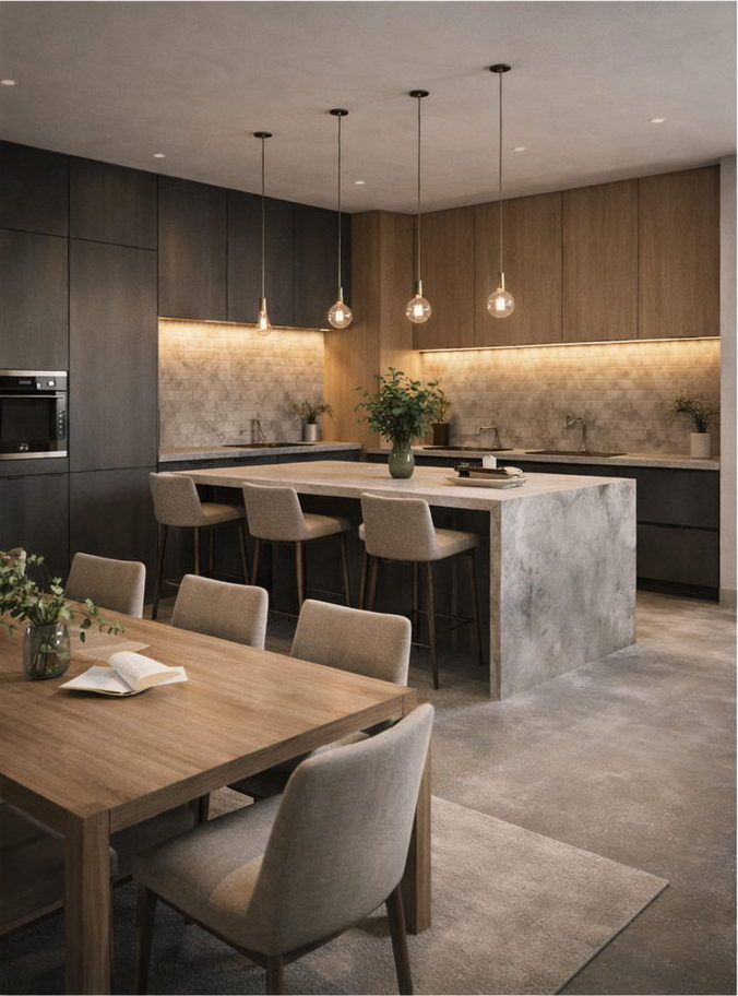 Cocina con isla de microcemento y comedor integrado en Alicante — Royal Imbau