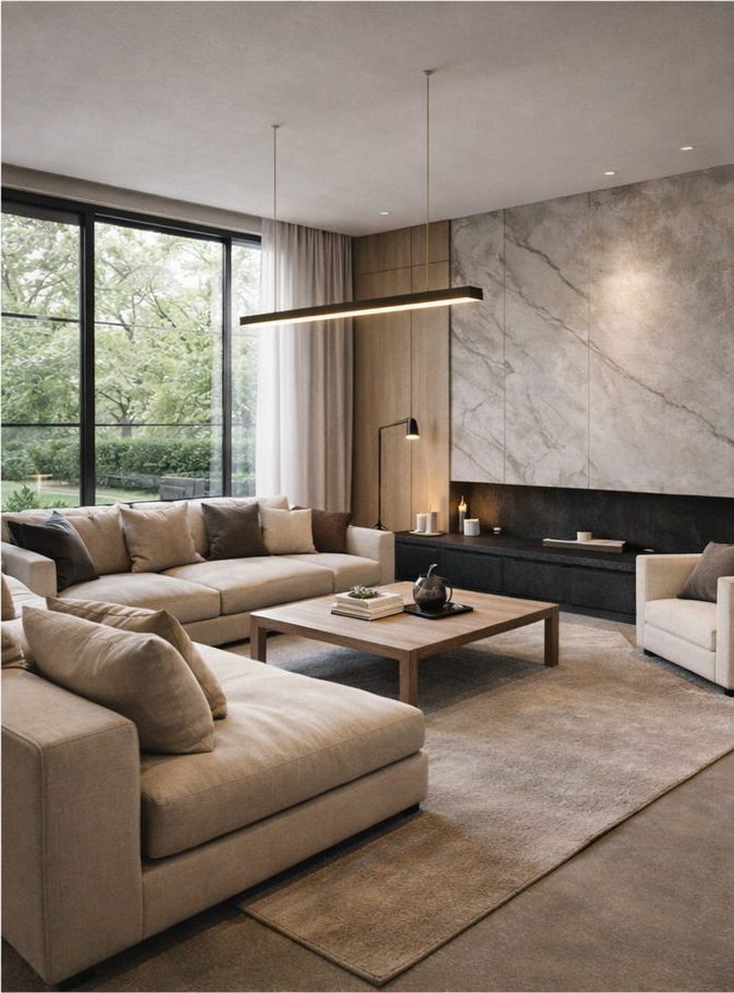 Salón contemporáneo con frente de mármol y chimenea en Alicante — Royal Imbau