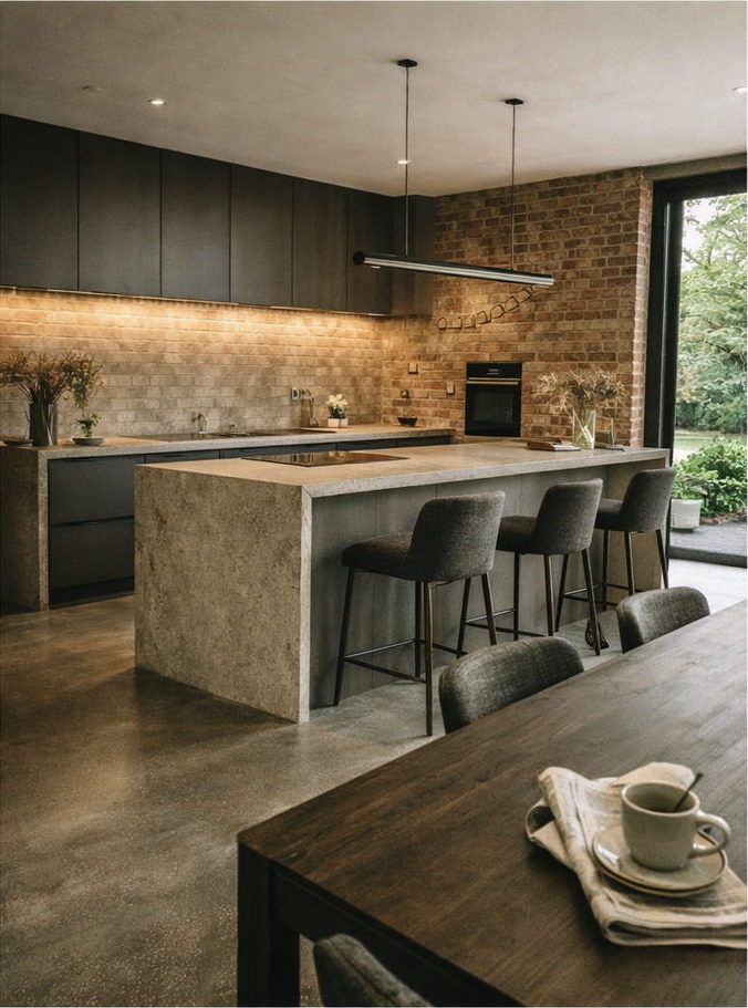 Cocina industrial con isla de hormigón y ladrillo visto en Alicante — Royal Imbau