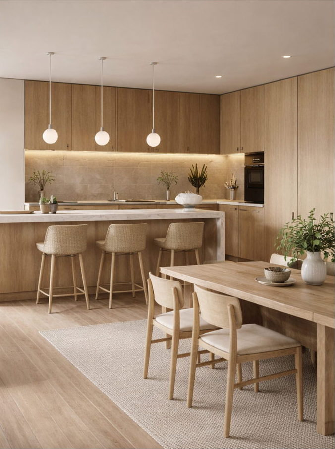 Cocina y comedor en madera clara tras la reforma en Alicante