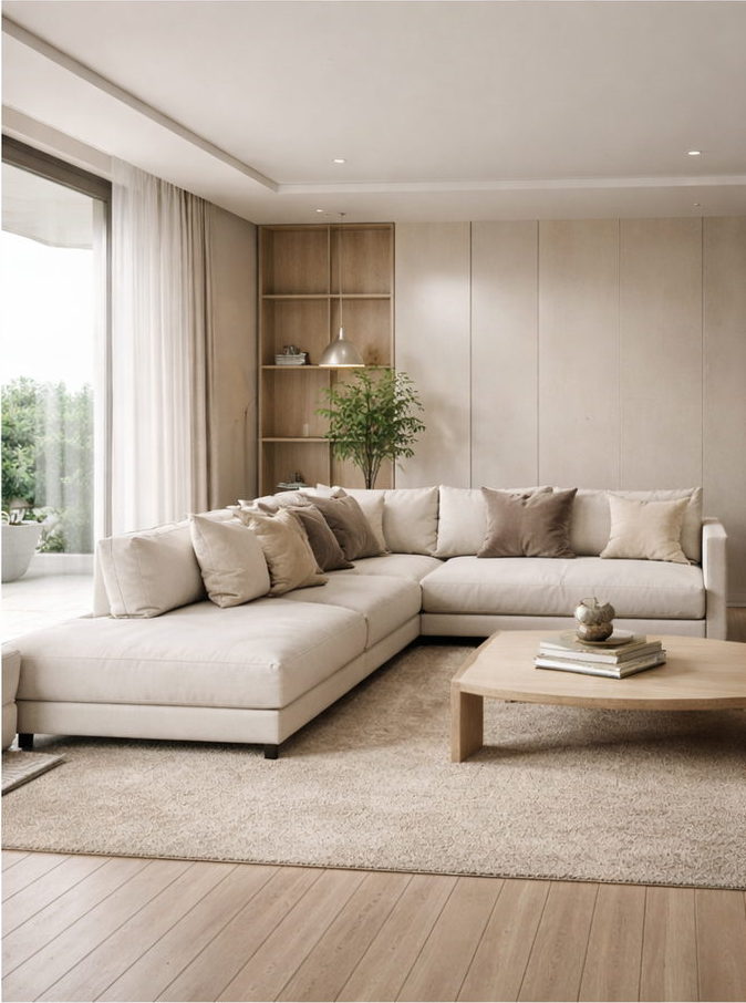 Salón minimalista con suelo de madera y panelado en Alicante