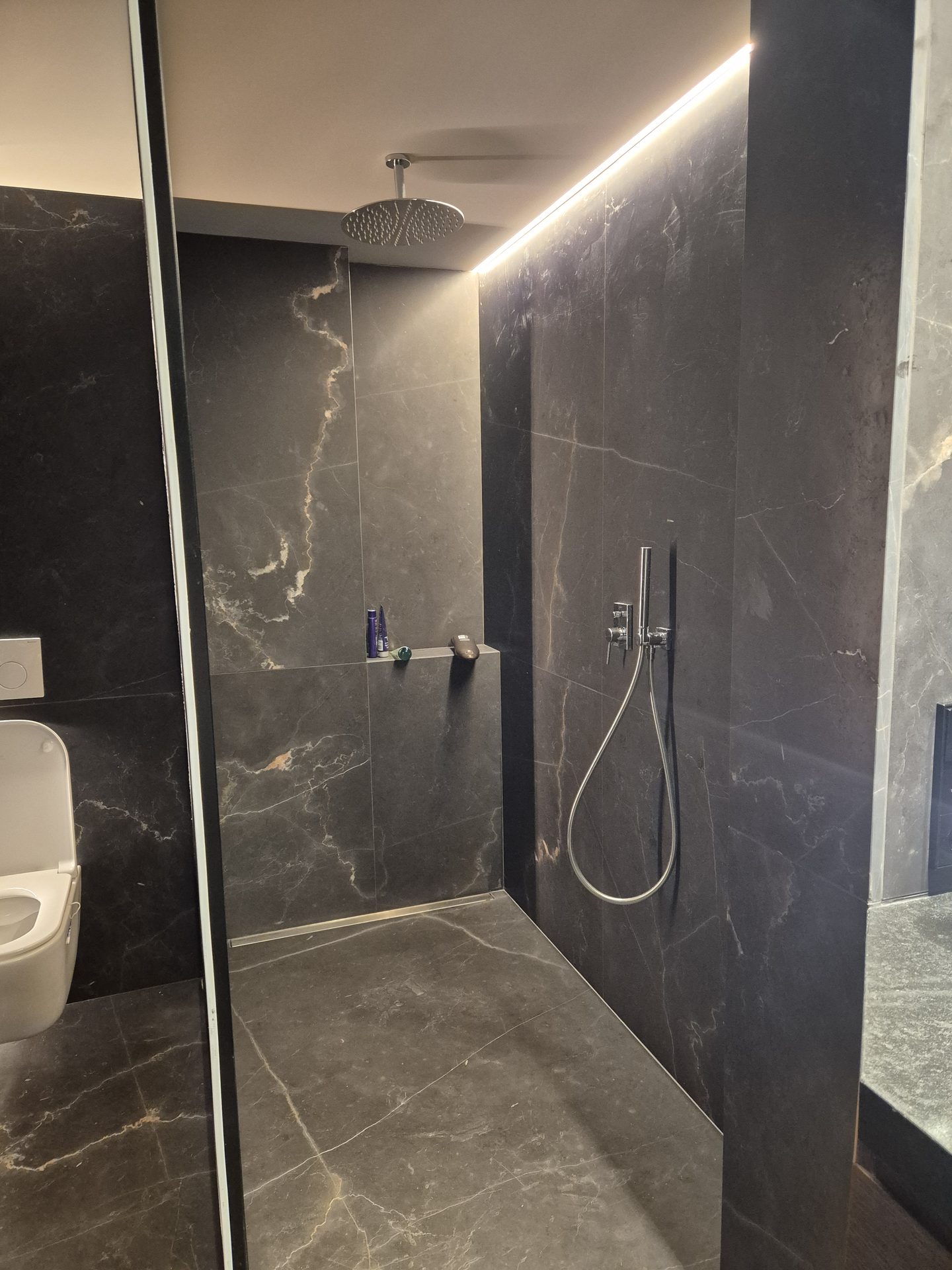 Ducha moderna con rociador de lluvia y revestimiento oscuro